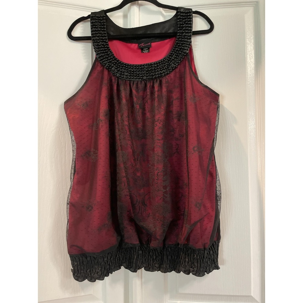 Torrid Sleeveless Shirt Womens 2X Red Black Beaded Collar Sheer Chiffon Tank